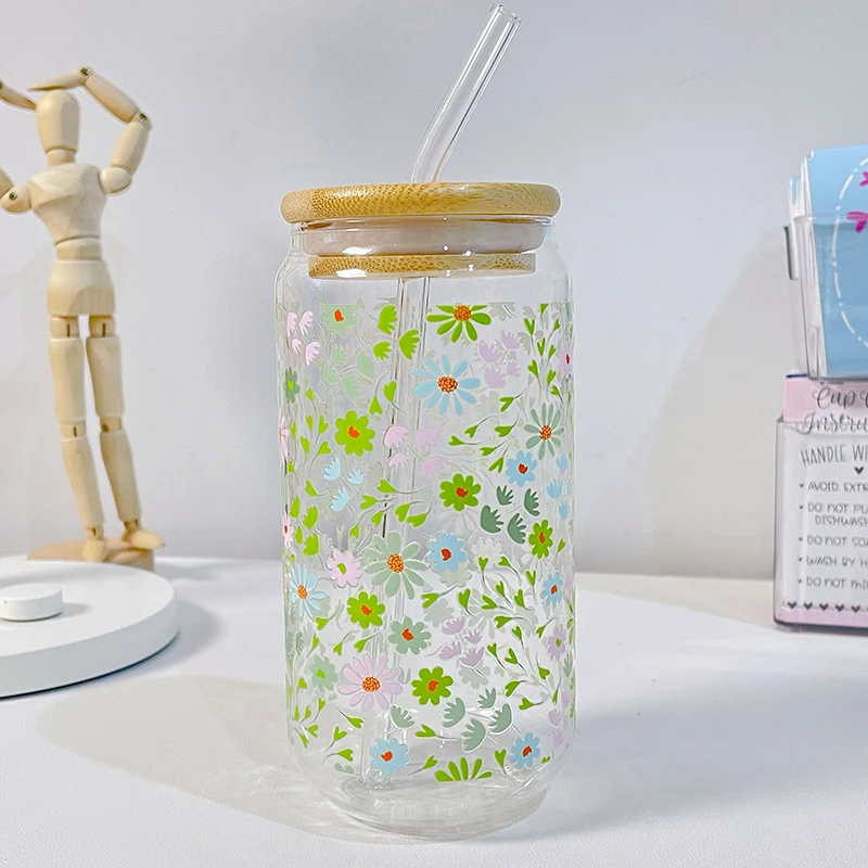 Cute Flower Glass Cups Tumber With Bamboo Lid And Straw 500ml Can Shaped Glass Cups Iced Hot Coffee Tea Juice Glasses Gift