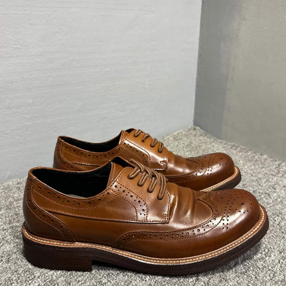 High-End Genuine Leather Engraved round Toe Men's Business Formal Dress Shoes English Style Top-Grain Cowhide