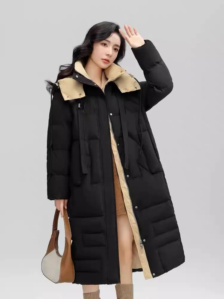 Winter New Women\'s Jacket Long Down Coats Color Clash Patchwork Trendy Outerwears Windproof Thick Snow Wear Hooded Puffer Coats