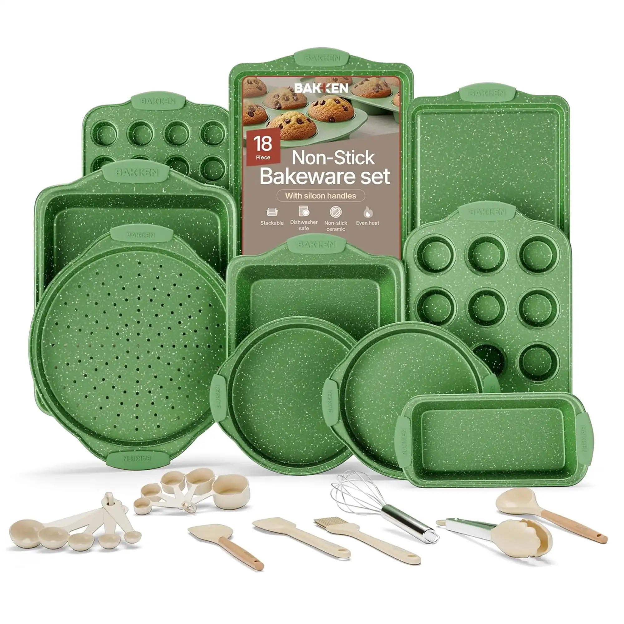 

Kitchen Baking Pan Set - Nonstick Green Marble Coating, Carbon Steel Bakeware Sets with Green Silicone Handles
