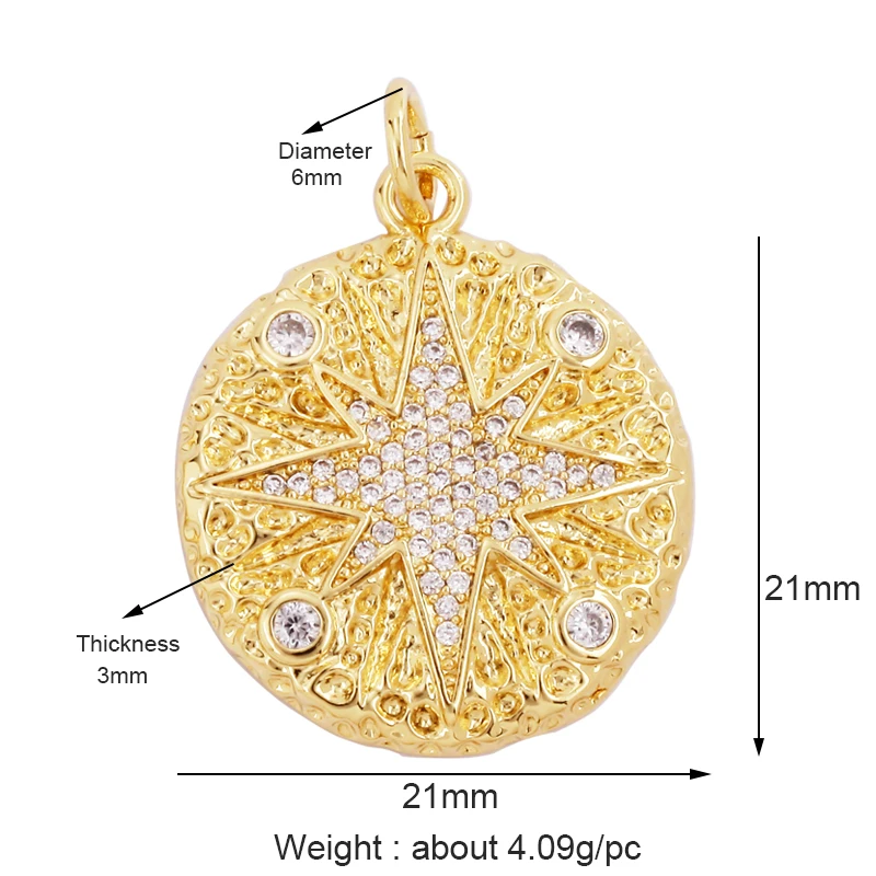 Trendy Sun Moon Star Shell 18K Gold Plated Charm Pendant,Inlaid Shining CZ Zirconia Jewelry Necklace Bracelet Making Supply M52