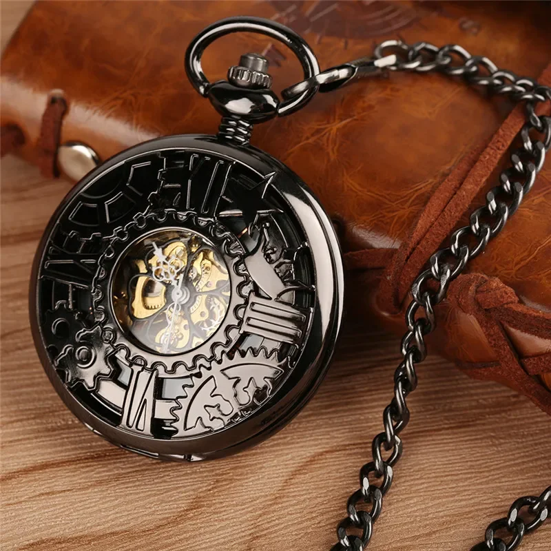 Antique Hollow Out Gear Case Men Women Handwinding Mechanical Pocket Watch Pendant Chain Skeleton Clock Roman Numeral Timepiece