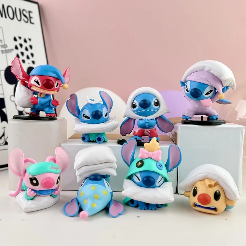 

8pcs Disney Stitch Pajama Party figurine Set Cute Cartoon Car Office Desk Bedside Ornament Cake Topper Collection Gift