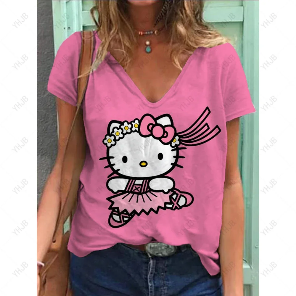 Summer Cartoon T-shirts Pocket Tops Hello Kitty V Neck Woman Clothes Fashion T-shirt Top Women 2025 Comfortable Tees