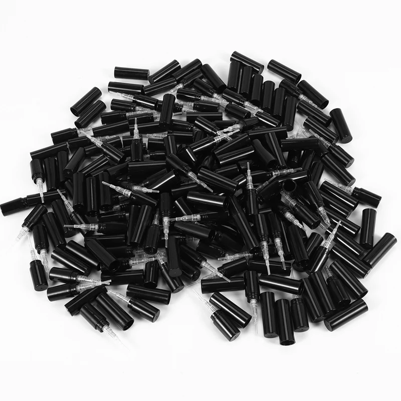 

100 шт./лот, 2 мл, черный пластиковый флакон с распылителем для духов, образец распылителя, распылитель, флакон духов