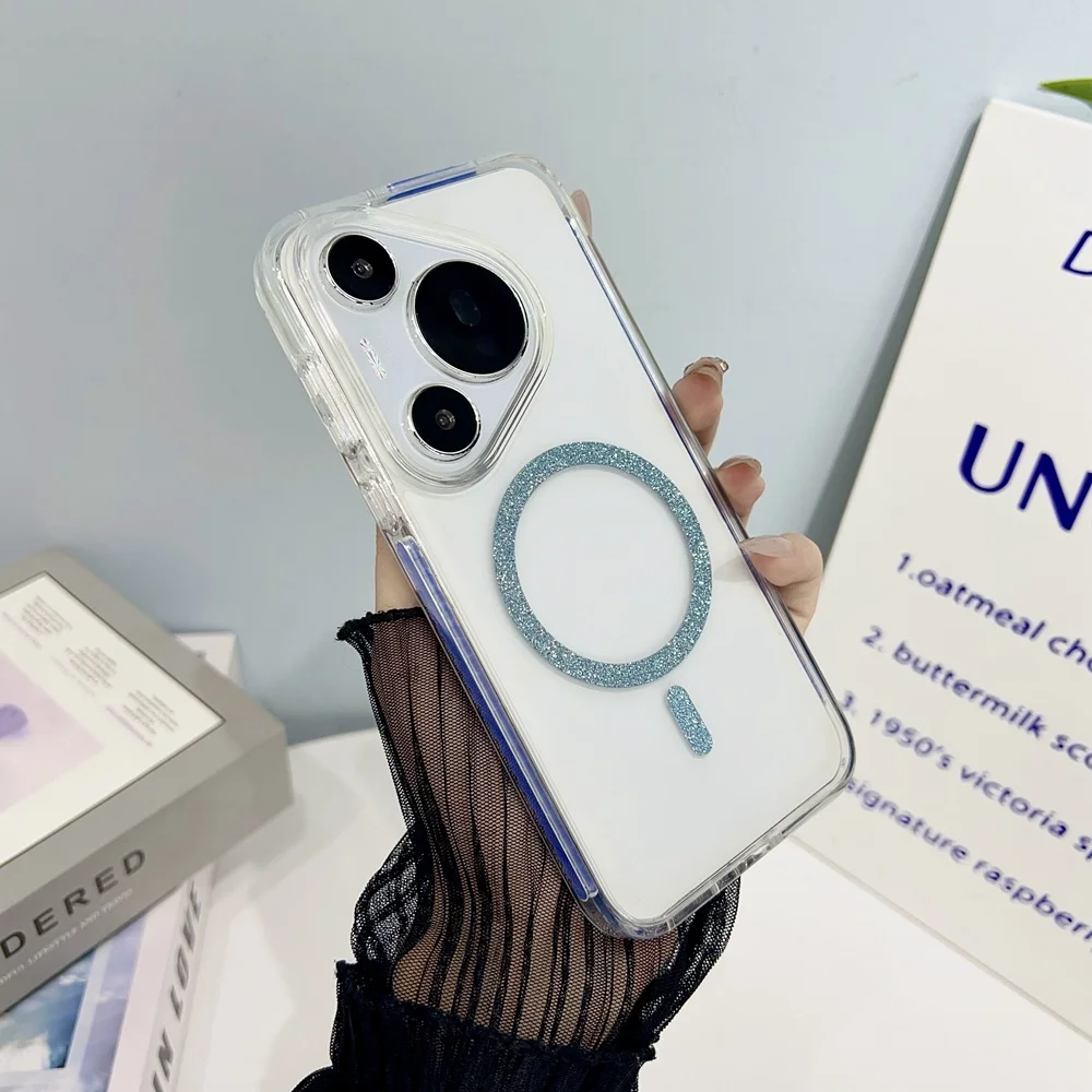 Coque de téléphone à paillettes brillantes, cercle magnétique, pour Huawei Pura 70 Mate 70 Pro, cadre arrière en acrylique Transparent en TPU, couverture Magsafe