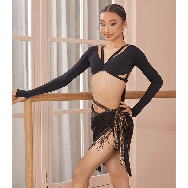 2025 Ragazze Costume di Ballo Latino Maniche Lunghe Magliette Corte Gonna Leopardo Cha Cha Rumba Pratica di Ballo Indossare Esegui Abbigliamento DNV25619