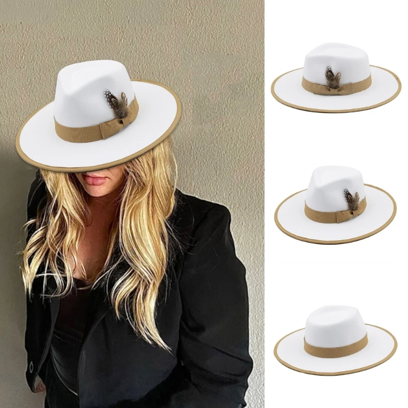 

Autumn Winter Wide Brim Fedora Hats for Womens Dress Hats for Men White Panama Hat with Feather Bands Bowknot Fedora Hats