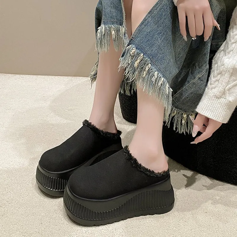2026 Women Platform Fur Slippers Suede Mules Shoes Winter Trend Casual Snow Boots Short Plush Warm Cotton Shoes 10CM High Heels