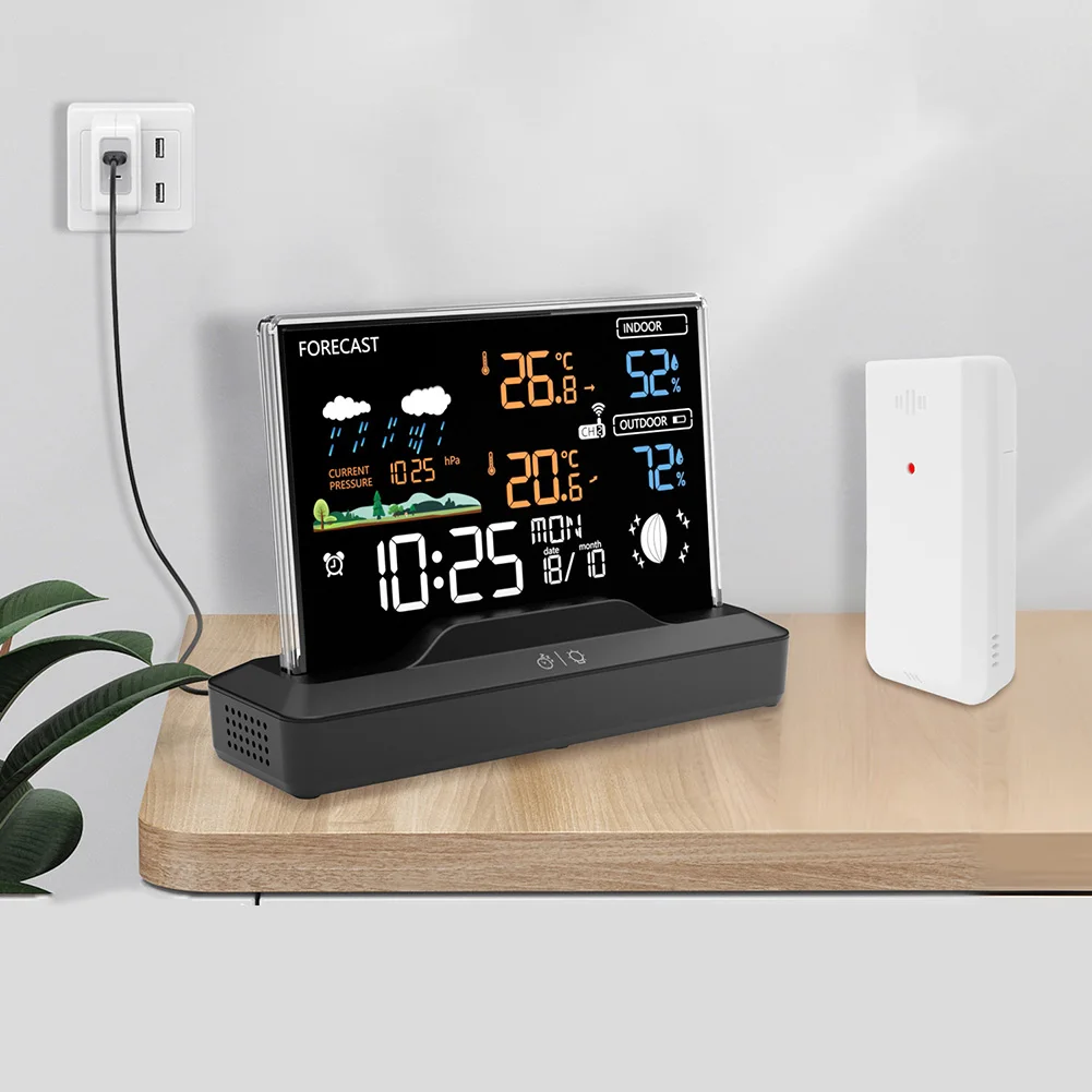 

Цифровая беспроводная метеостанция с цветным экраном для отображения температуры и влажности внутри и снаружи помещений, а также с функцией радиочасов и будильника.