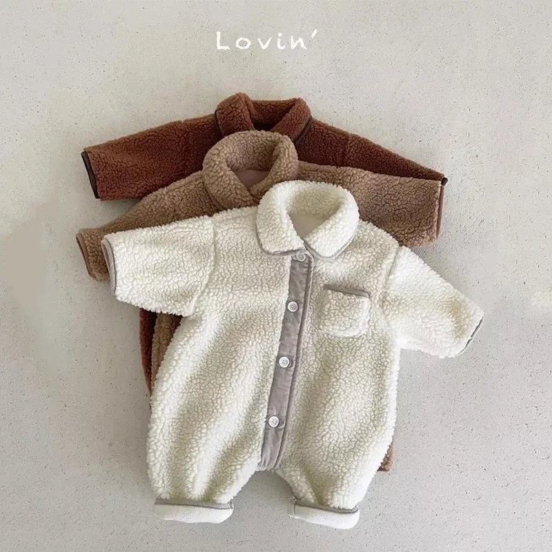 

Winter Korean Style Plush Solid Baby Rompers Turn Down Collar Button Long Sleeve Loose with Pocket Newborn Kids Jumpsuits