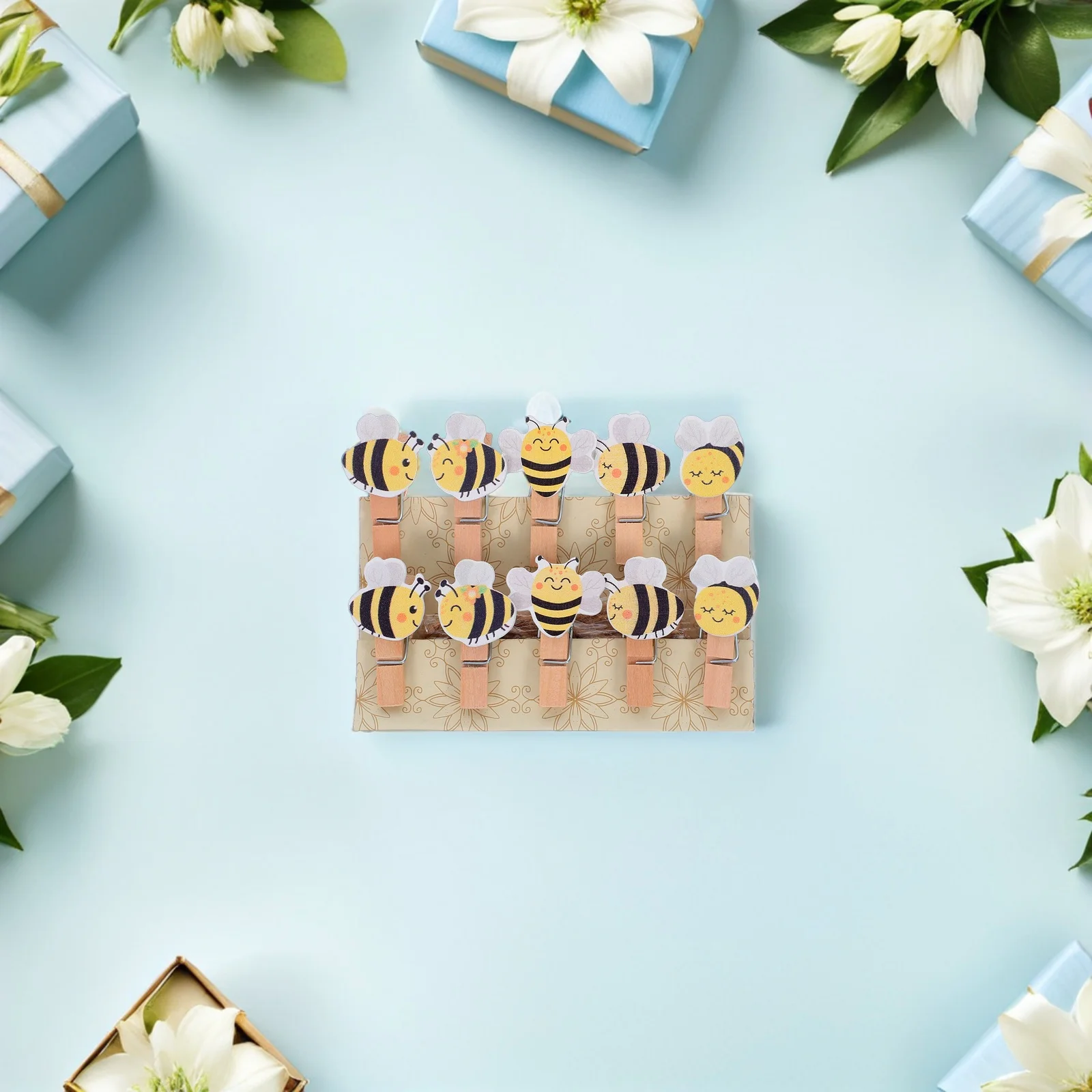 

50Pcs Cute Bee Wooden Clothespins Mini Clips Cartoon Wood Pegs for Photos Crafts Snack Bag Sealing Party Decorations