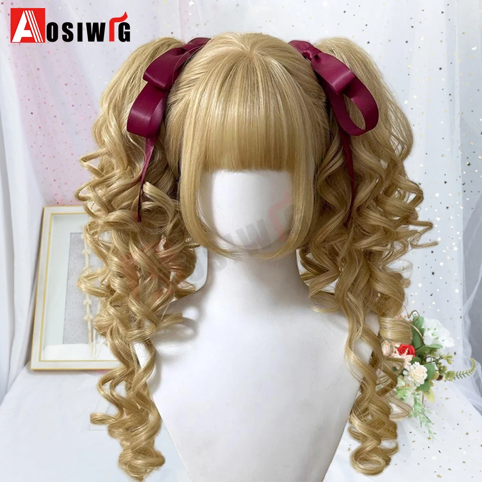 Synthetische Lolita-Perücke im Prinzessinnen-Schnitt mit doppeltem Pferdeschwanz und Pony, für Mädchen, Ombre, Blond, Braun, Weiß, Grau, Cosplay, Halloween, Harajuku-Perücke