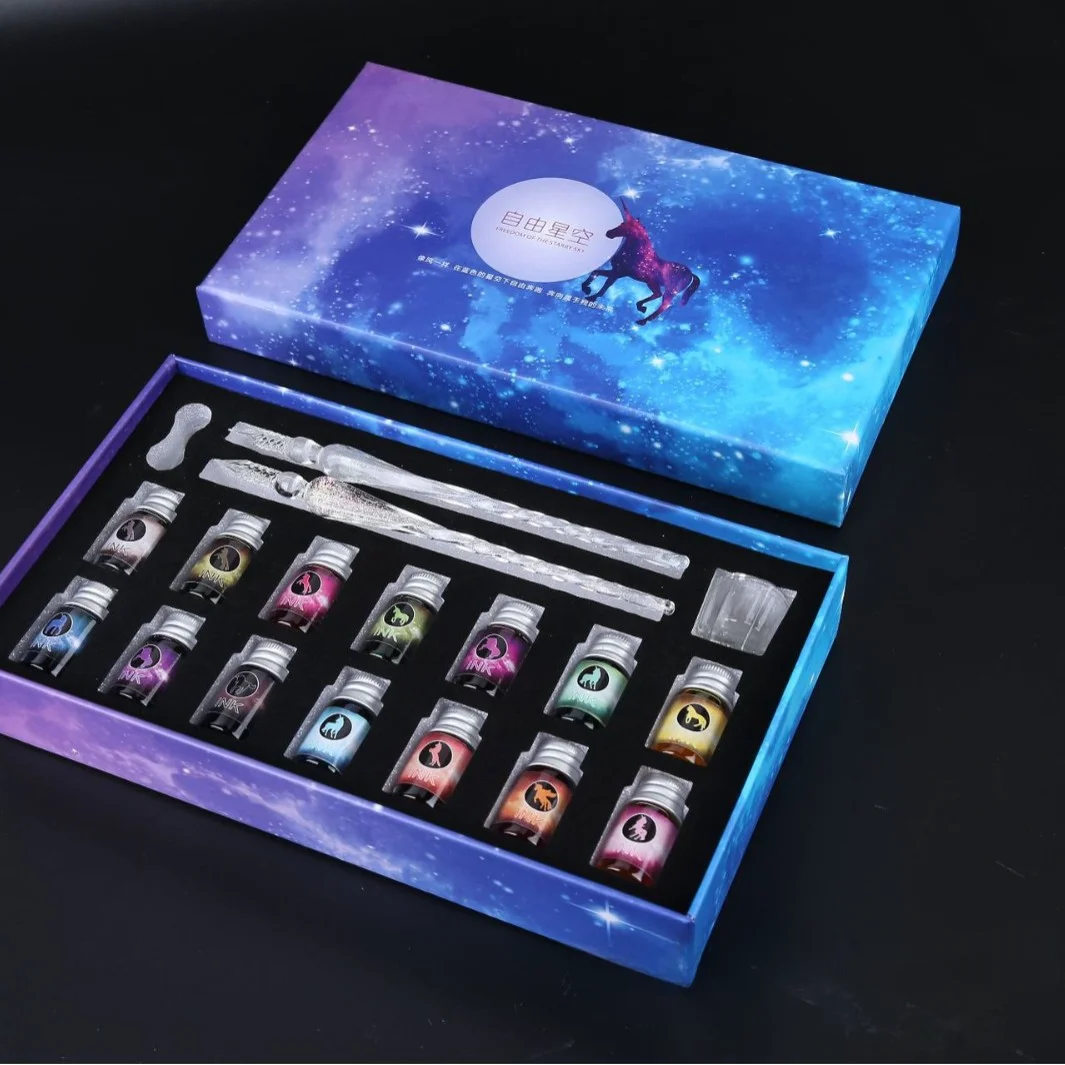 قلم السماء المرصعة بالنجوم الملون، قلم زجاجي، قلم غمس، أدوات مكتبية، هدية إبداعية، قلم توقيع، هدية