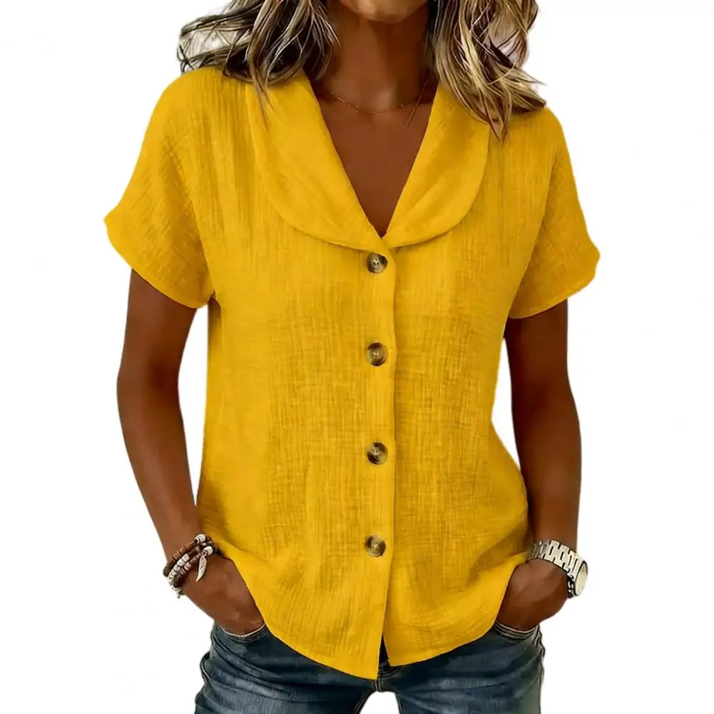 

Однотонные повседневные свободные рубашки для женщин, яркие цвета, короткий рукав, приталенная блузка, повседневная летняя/весенняя блузка с V-образным вырезом и отложным воротником
