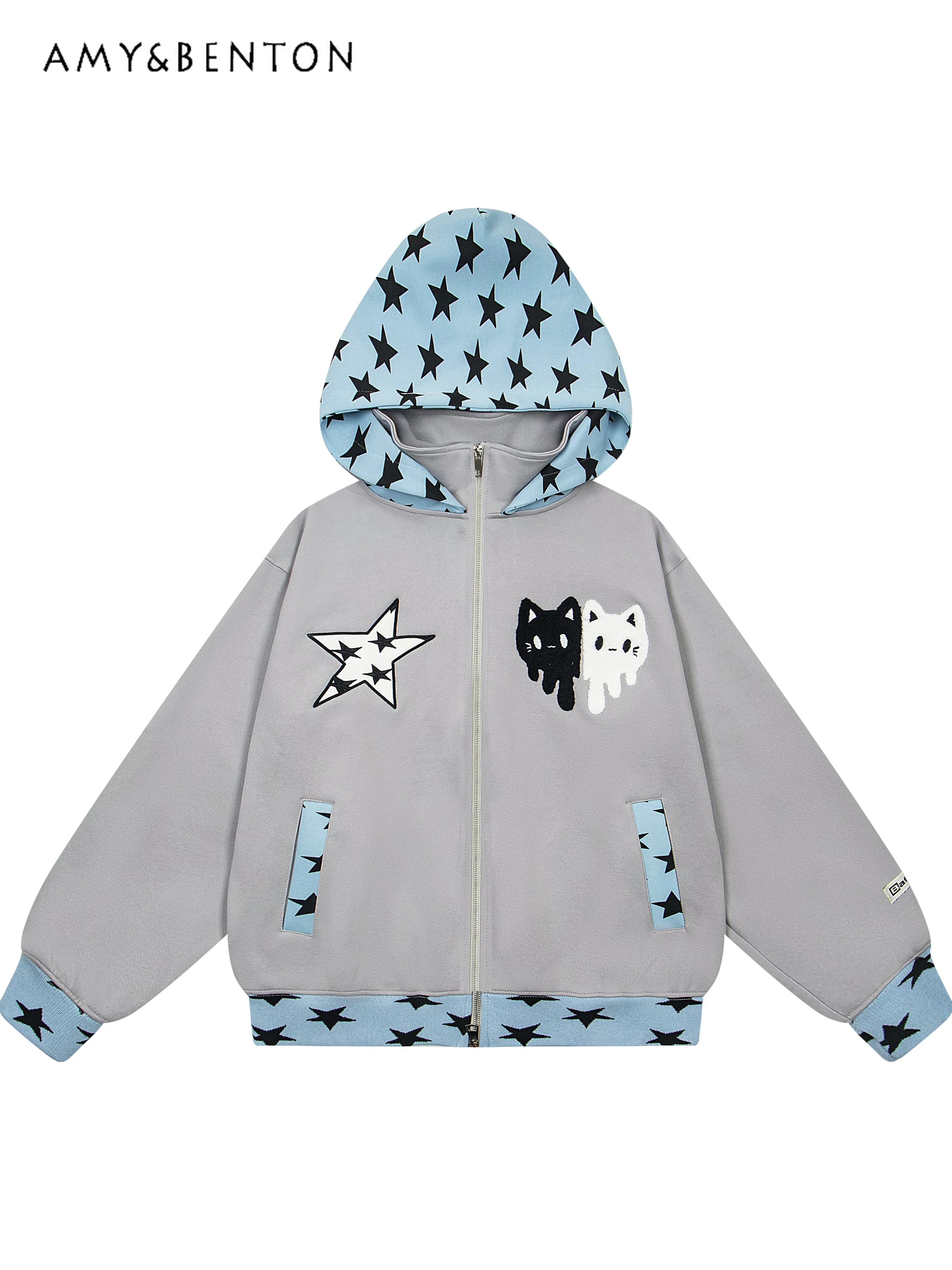 

Spring and Autumn Hot Sale Women's Star Cat Embroidered Black Hooded Sweatshirt Loose Casual Zipper Couple Velvet Red Jacket