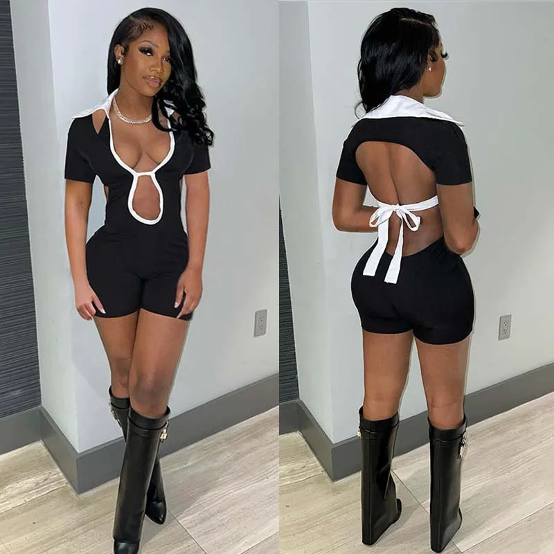 V Neck Summer One Piece Jumpsuit Sexy Jumpsuits 2024 Women Club Wear Rompers Elegant Luxury Bodycon Hollow Bodysuits Jumpsuit