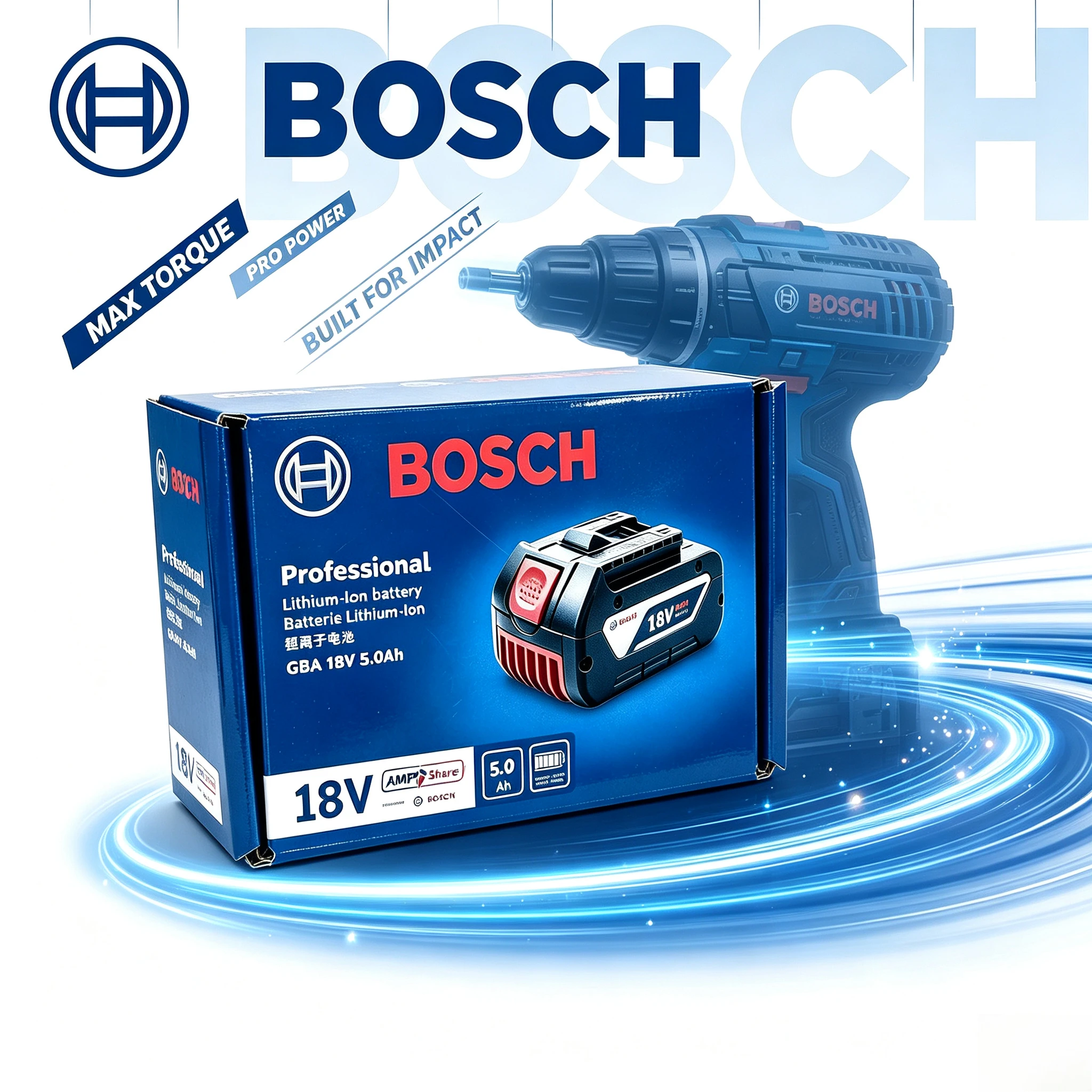 Original Bosch 18V 5.0Ah Battery BAT610G BAT620 GBA18V80, High Capacity Long Runtime Li-ion Battery with Multi-Layer Protection