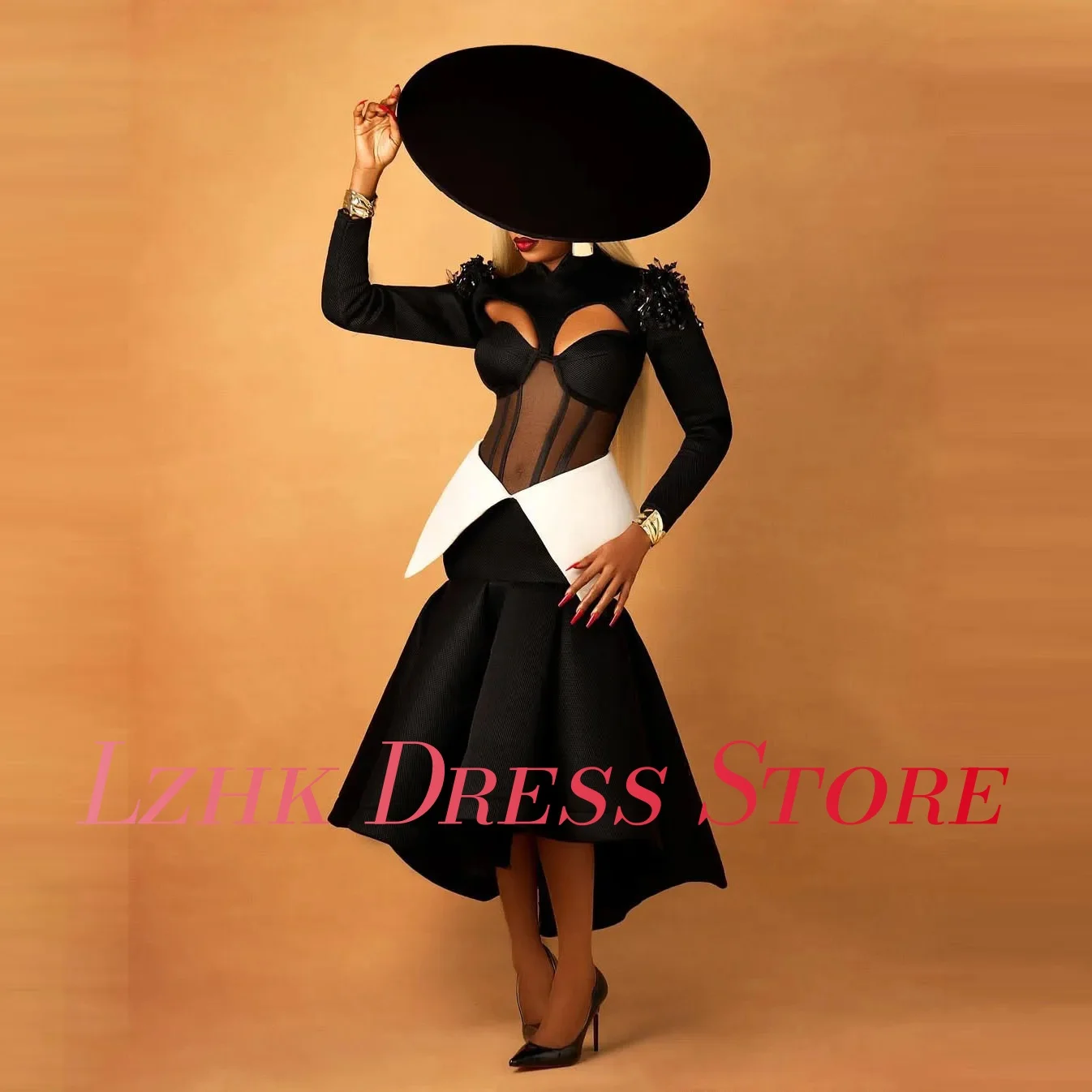 Maßgeschneidertes, exquisites Jersey-Meerjungfrau-Applikationen-Pailletten-Abendkleid, modisch, lange Ärmel, hoher Kragen, knöchellange Ballkleider