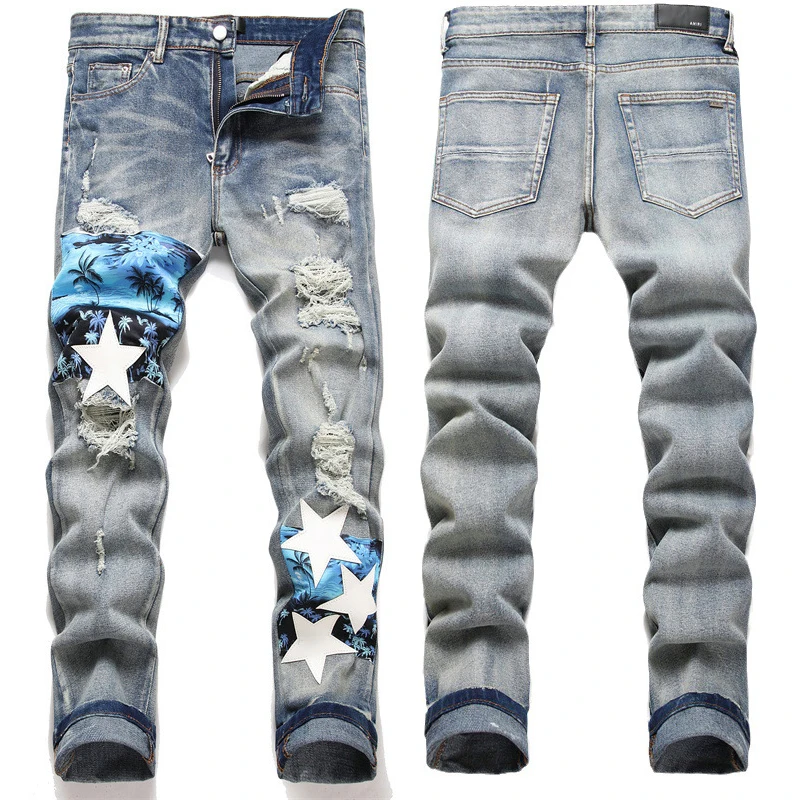 

Men's vintage blue jeans ripped stars stretch slim-fit pants with men's pants Coconut tree