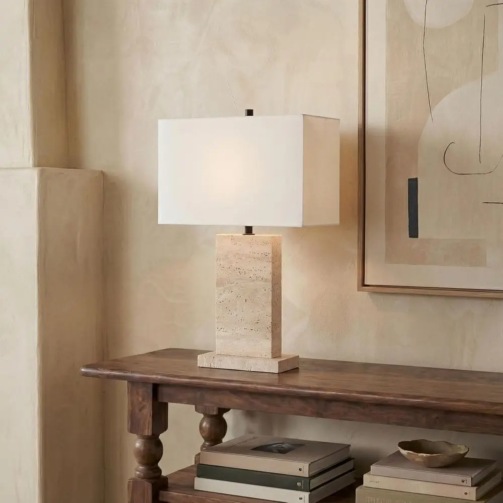 Dimmable 26-inch Travertine/Black Table Lamp for Home Office Desk or Bedroom Nightstand