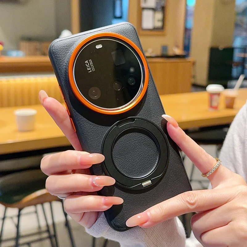 

Для Xiaomi 15 Ultra 14 Ultra Чехол с магнитным узором личи премиум-класса из кожи + металлическое кольцо на палец-подставка для Xiaomi Mi 15 Ultra