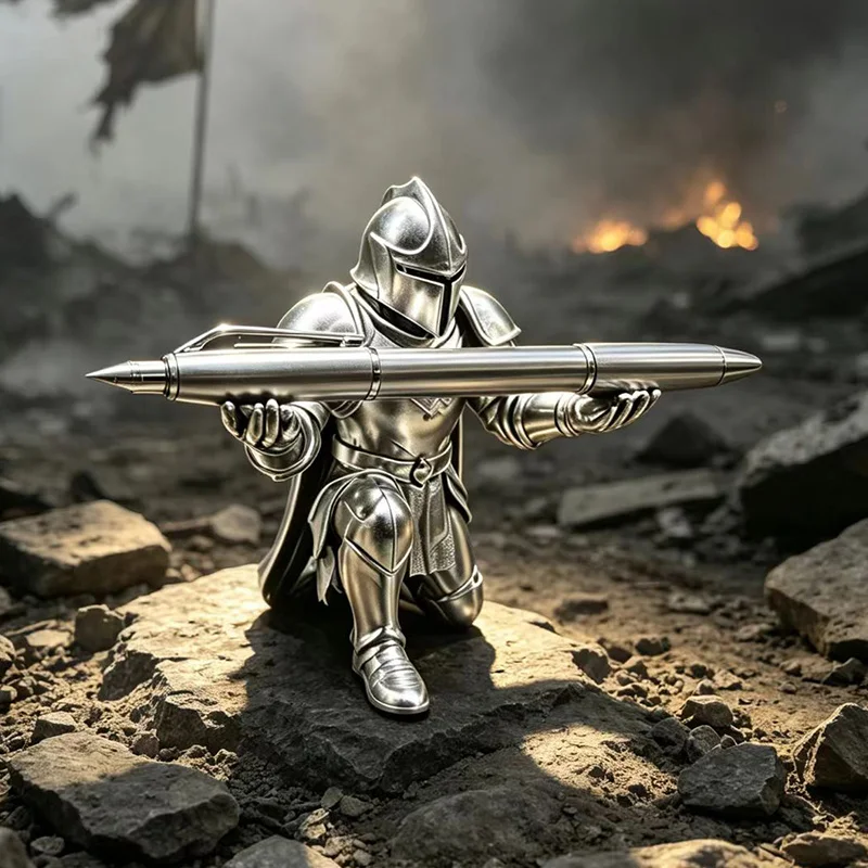 Medieval Knight Roman Warrior Pen Holder Tabletop Armored Sculpture Ornament Kneeling Knight Pen Holding Statue Historical Decor