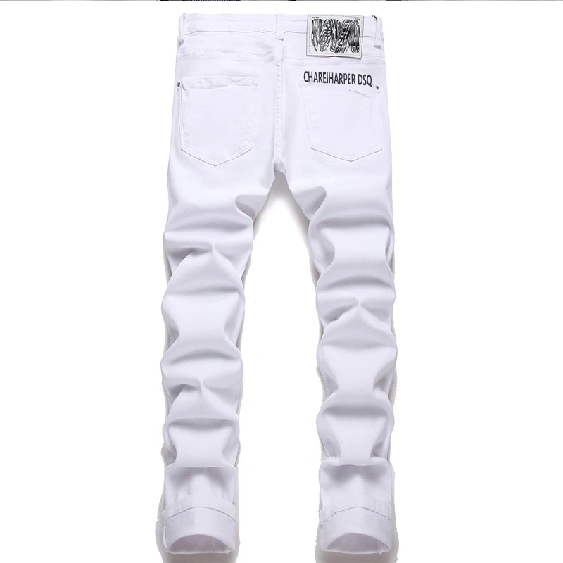 Jeans Charharper slim branco para homens, jeans rasgado de algodão, pequeno buraco capital, quatro estações, lazer, design italiano, 1333