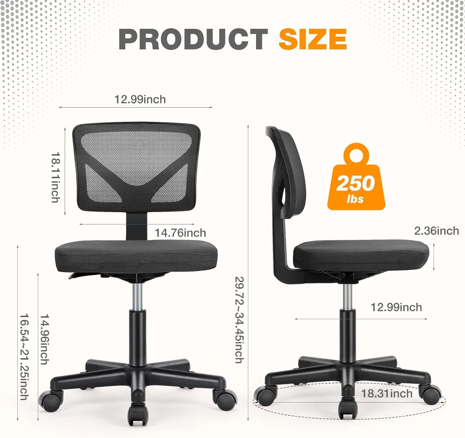 Home Office Mesh Ergonomic Computer Desk, Armrest Small Mid Back Executive Task Chair with Lumbar Support and Swivel Rolling