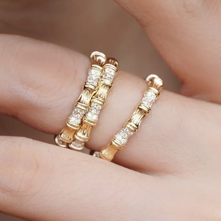 

Fashion Vintage 18k Gold Plated 925 Silver Zircon Bamboo Ring Italian Craft Design Luxury Statement Waterproof Jewelry For Women