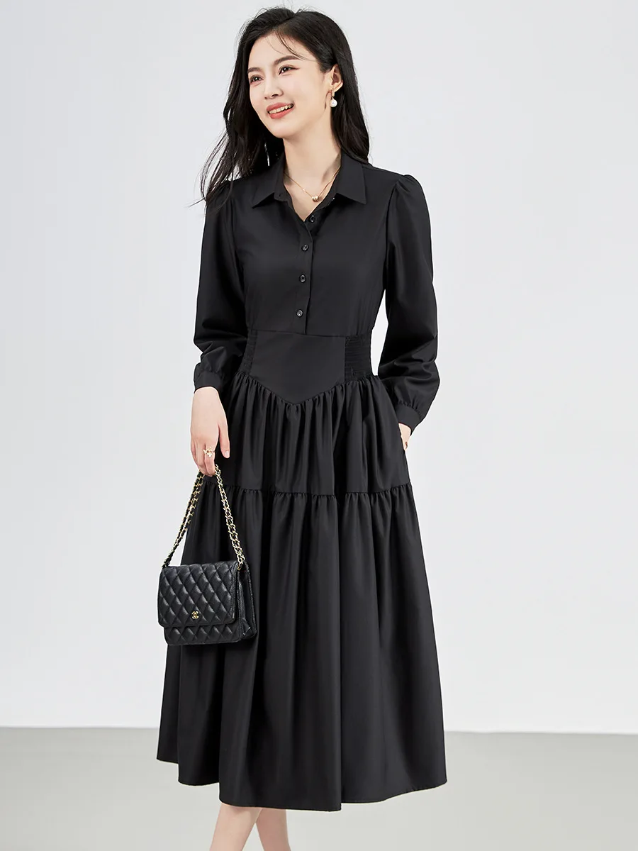 ZJYT Fashion Women Autumn Long Sleeve Midi Shirt Dress Black 2024 Turn Down Collar Brief Office Casual Dresses Elegant Vestidos