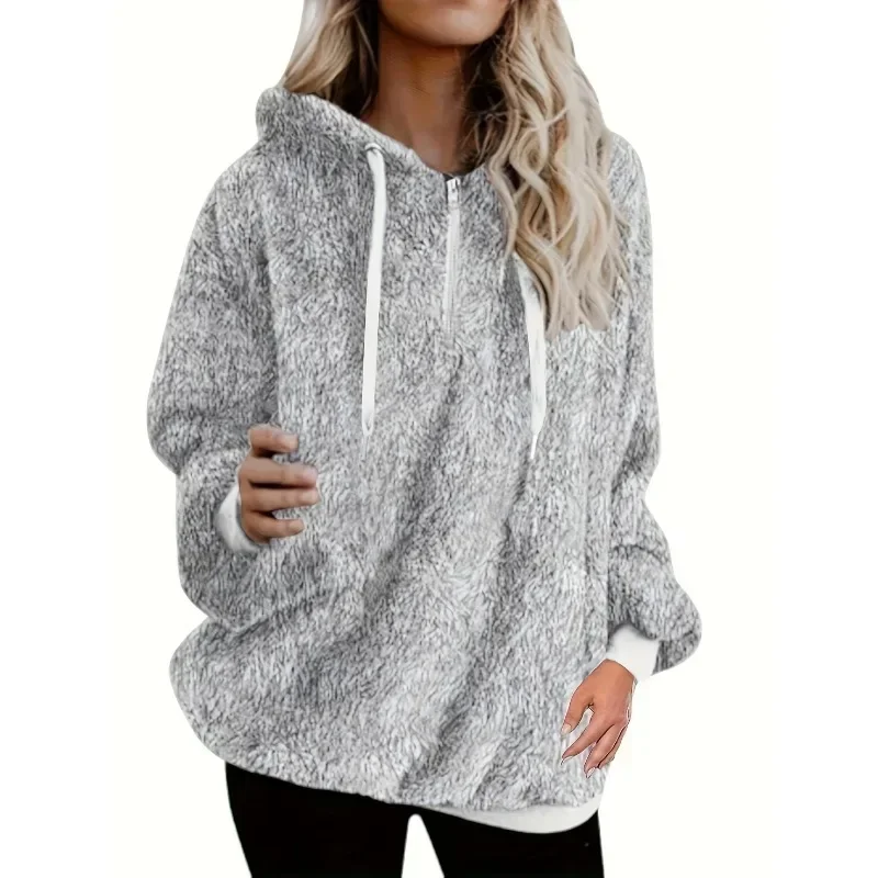 حجم كبير 1XL-5XL المرأة هوديس كم طويل البلوز أفخم الياقة المدورة سستة الرقبة جيوب البلوز المرأة الأعلى