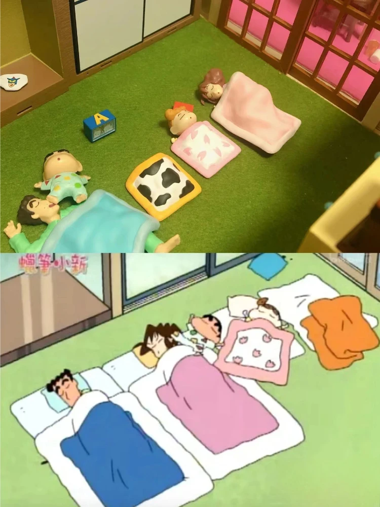 أنيمي تلوين شين تشان 4 قطعة/المجموعة الأسرة تمثال PVC عمل الشكل النوم نموذج Nohara Shinnosuke الاطفال جمع اللعب 2025