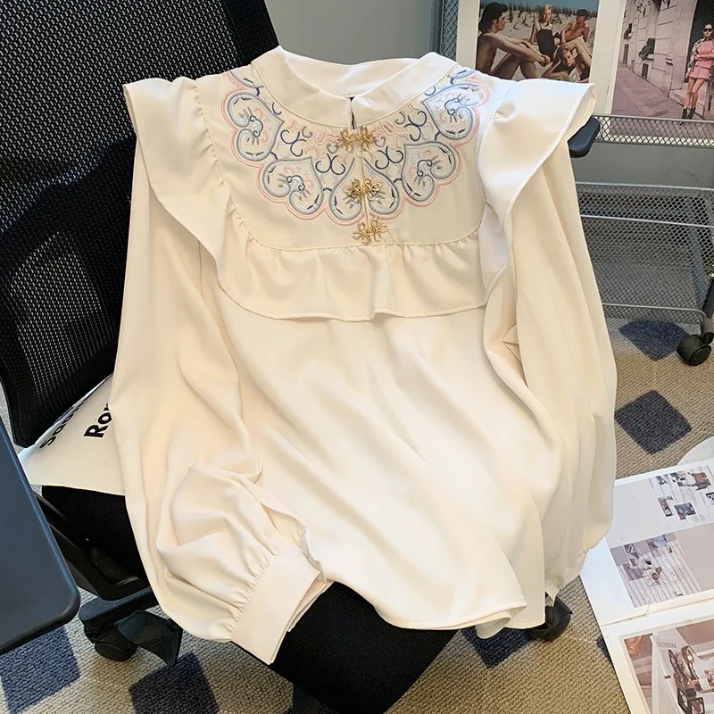 

Ele Embroidered Lace Collar irt Women's New Chinese Sle Retro High Faion Blouse Matching Tailed Skirt