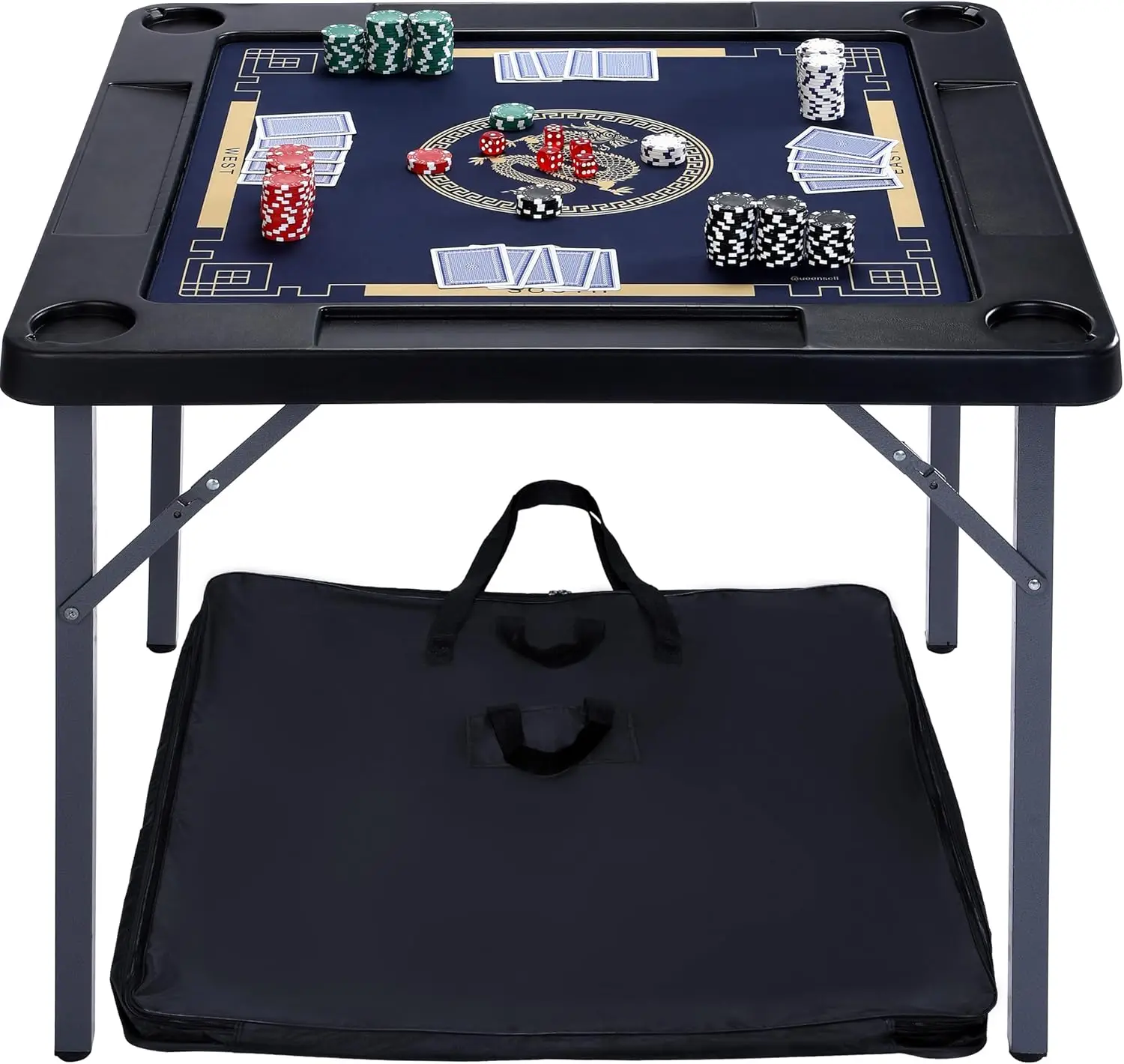 Queensell Folding Game Table With Double Sided Mat, Foldable Board Game Table For Mahjong, Domino, Poker, Puzzle, Card - 35 X