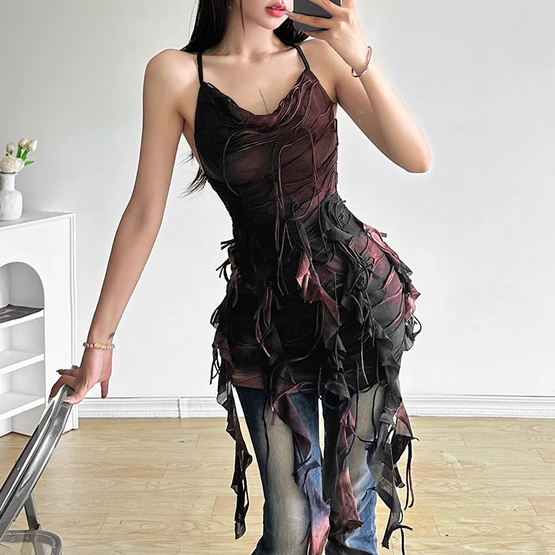 Mini Abito Elegante con Decorazione a Nappine Irregolari, Halter, Spalle Scoperte, Stile High Street per Ragazze Alla Moda
