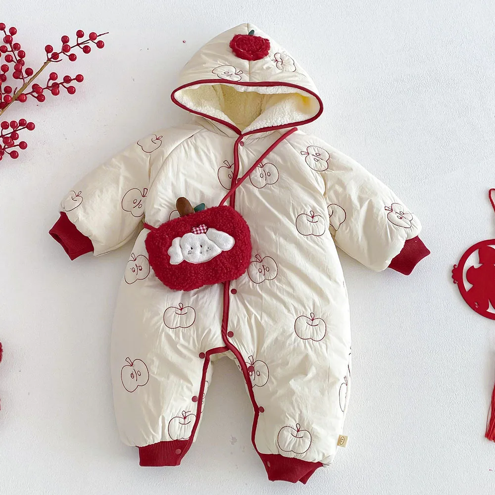 Baby Girl Christmas Romper Hooded Fleece Thicken Warm Winter Infant Outerwear Clothing Unisex Chinese New Year Baby Boy Jumpsuit