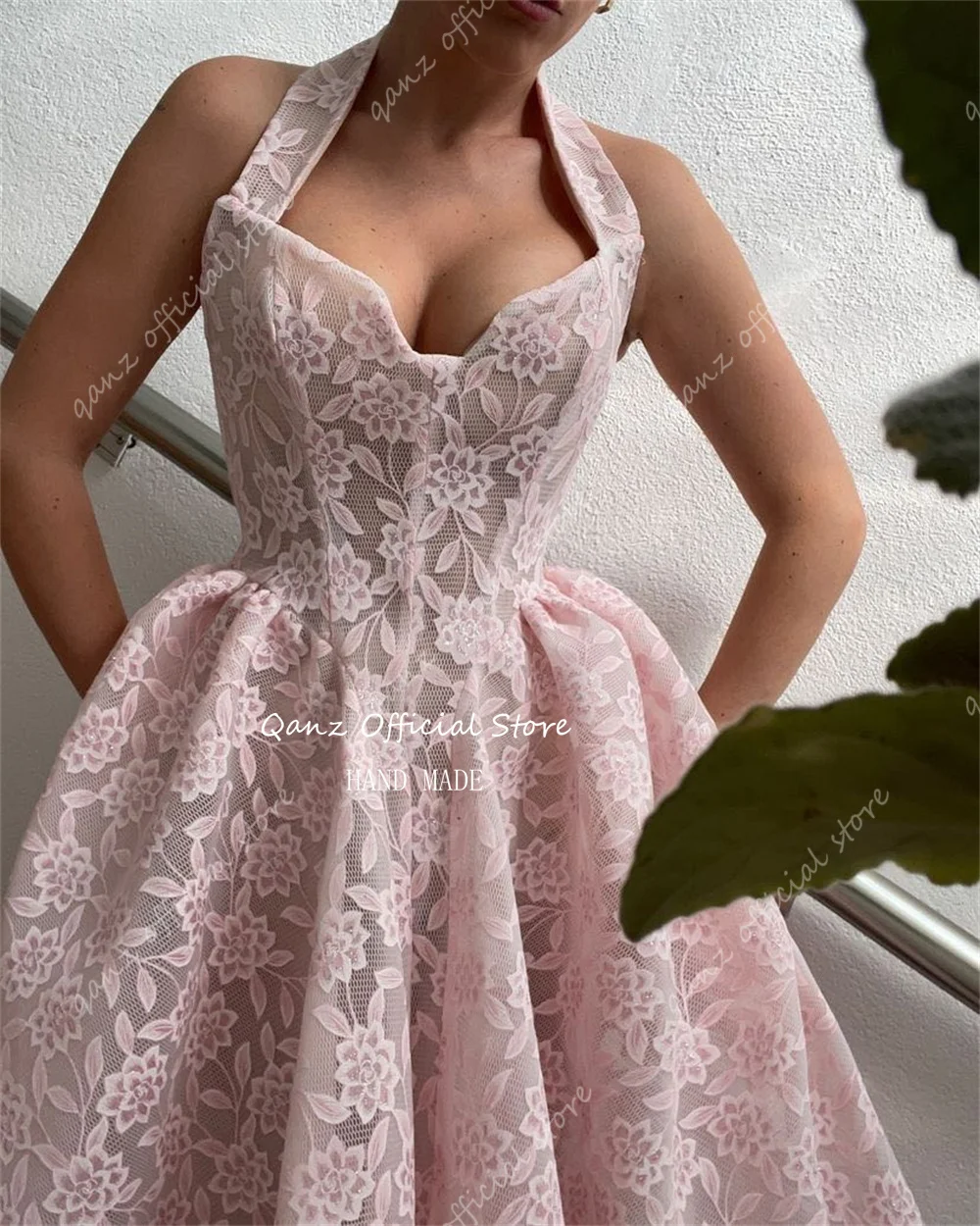 Qanz Fancy Lace Evening Dresses Tea Length Pink Lace Flowerls Prom Dresses Luxury Gowns Tea Length 2024 Dresses Women Customized