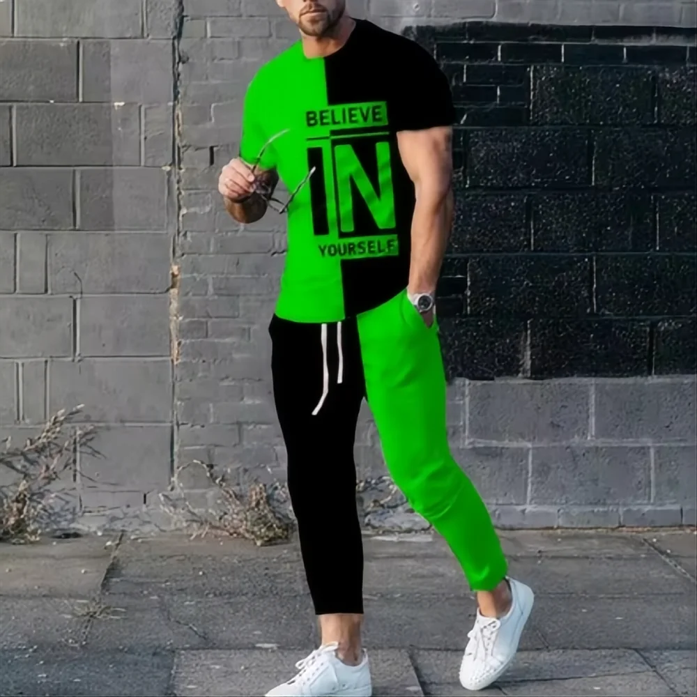 Summer fashion new men's T-shirt pants sportswear believe in yourself 3D printed T-shirt pants set 2-piece streetwear oversized