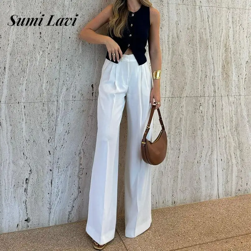 Fashion Pleated Wide Leg Pants Office Elegant Commute High Waist Long Trousers Women's Casual Pocket Solid Color Straight Pants