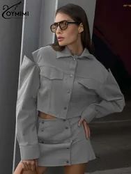 Oymimi Fashion Grey Two Piece Set Women Outfit Elegant Long Sleeve Hollow Out Button Shirts And Double Breasted Mini Skirts Sets