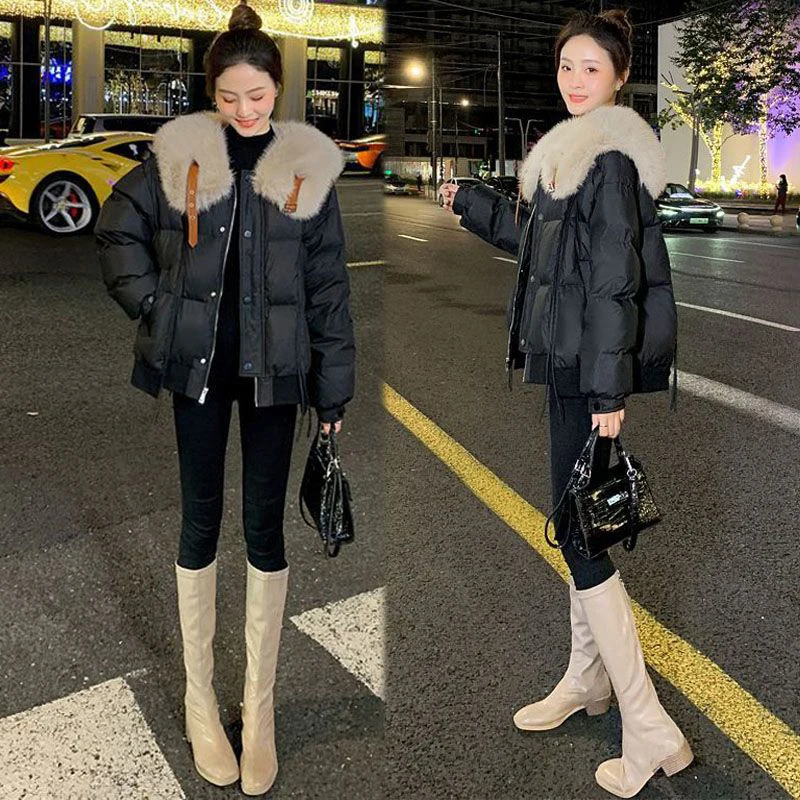 

Модная экологичная короткая куртка-пуховик для женщин, черная, с большим меховым воротником, на хлопковом наполнителе, зимняя коллекция 2025