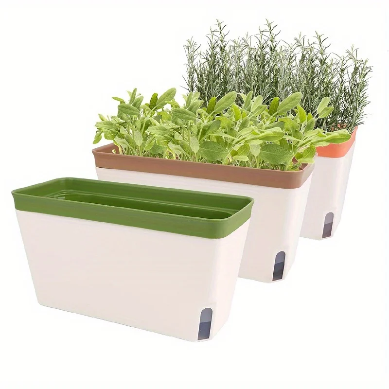 Self-watering Windowsill Planter Set, Modern Plastic Herb Garden Set with Visual Water Level Indicator