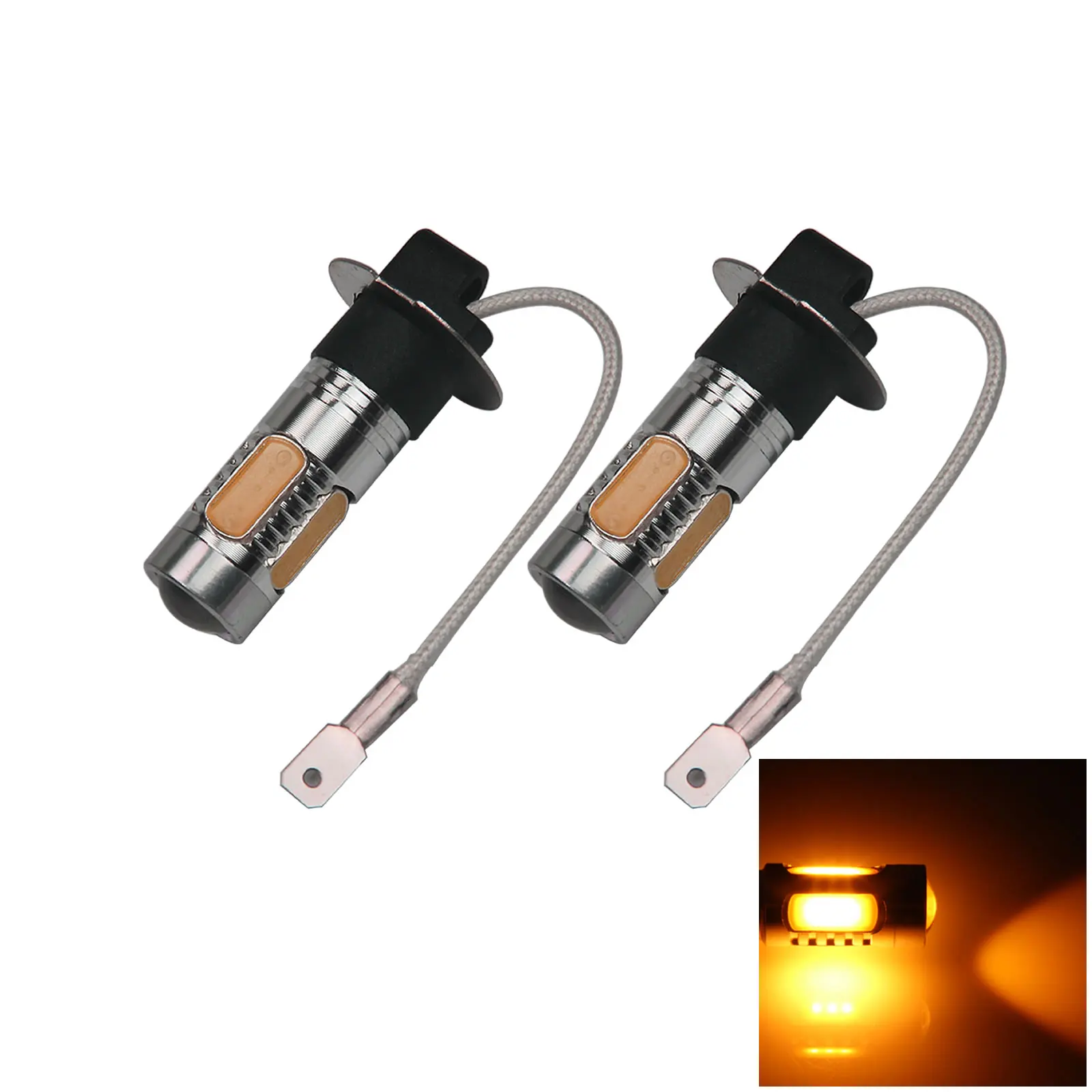 2x Yellow AUTO H3 Turn Lamp Fog Light 5 Emitters COB SMD LED PK22s/r H062-Y