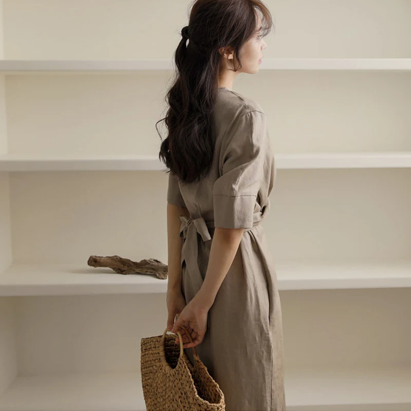 Johnature Summer New Korean Bandage Dress 2025 Solid Color O-neck Short Sleeve Loose Pockets Women Dresses