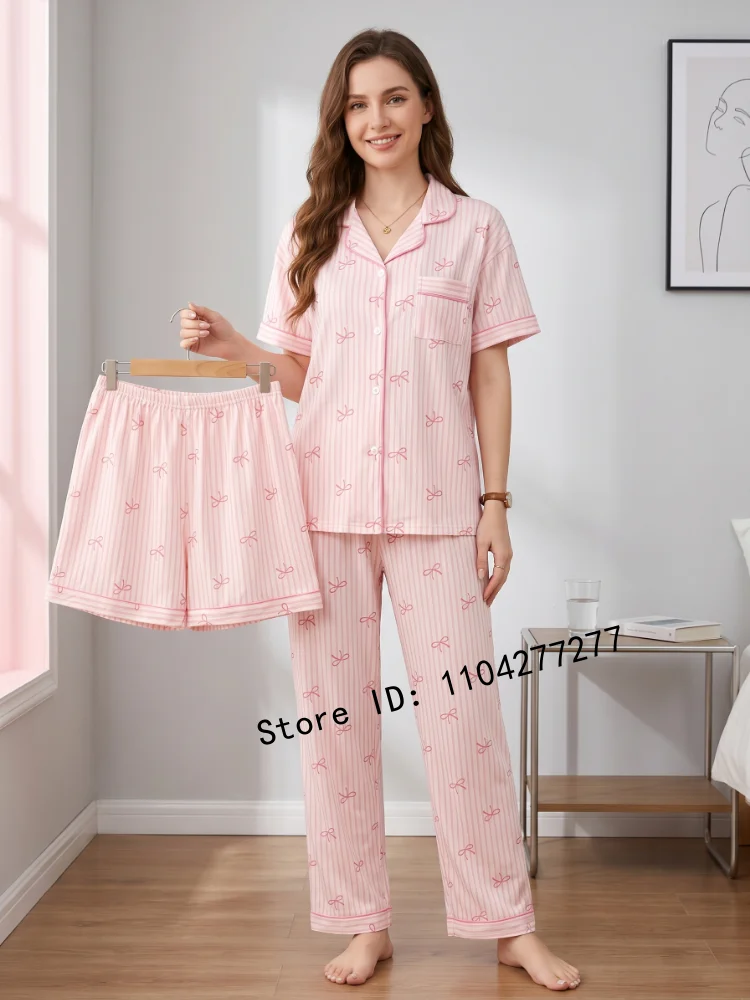 

3Pcs Women's Bow Striped Pajama Set, Spring Summer Short Sleeve Homewear, Casual Loungewear for Girls Students