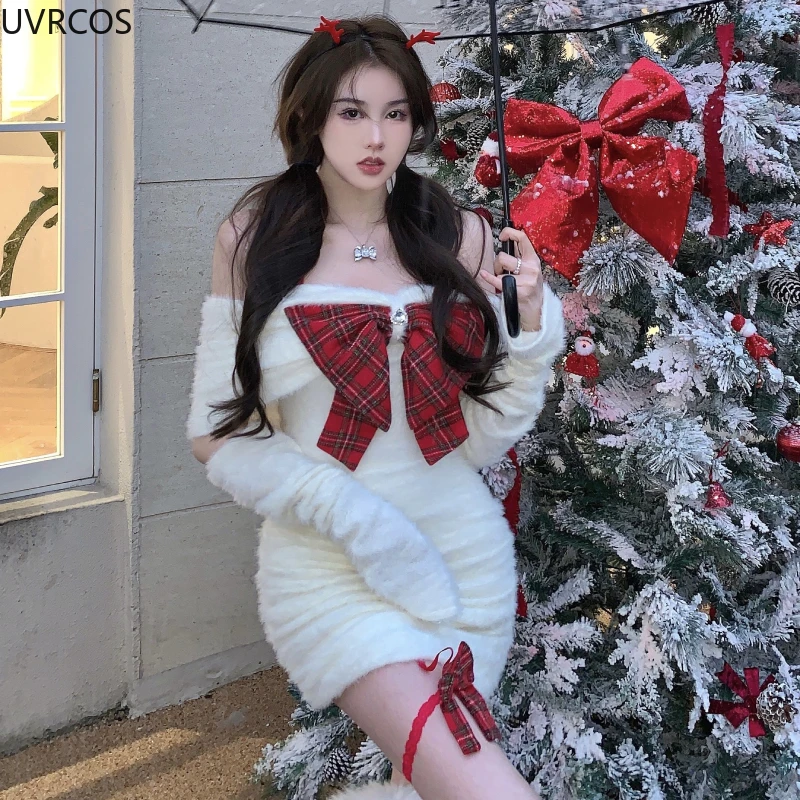 Winter Kawaii Lolita Christmas Party Dress Women Faux Fur Plaid Bow Off Shoulder Dresses Korean Fashion High Waist Bodycon Dress