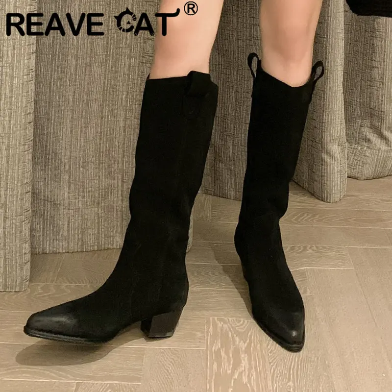 

REAVE CAT Cow Suede Genuine Leather Women Western Boots Pointed Toe Block Heel 4cm Slip On Retro Fashion Knee High Female Booty