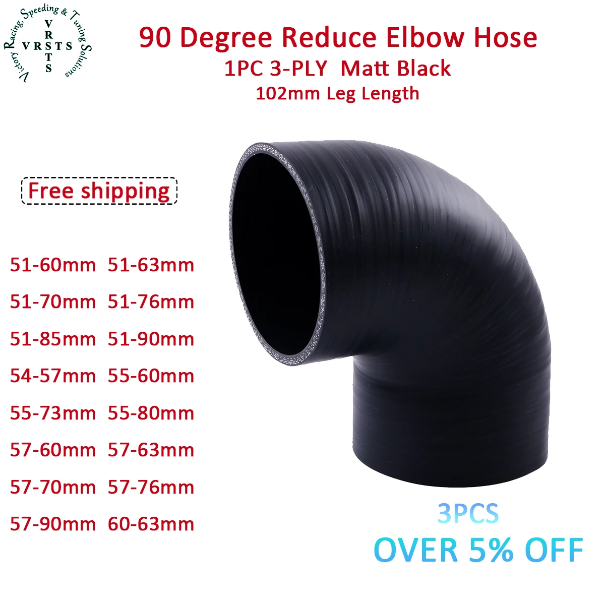 3PLY 102mm Length 90 Degree Reduce Elbow Silicone Water Hose Tube Coupler ID 51 54 55 57 60 63 70 73 76 85 90MM 1PC Matt Black