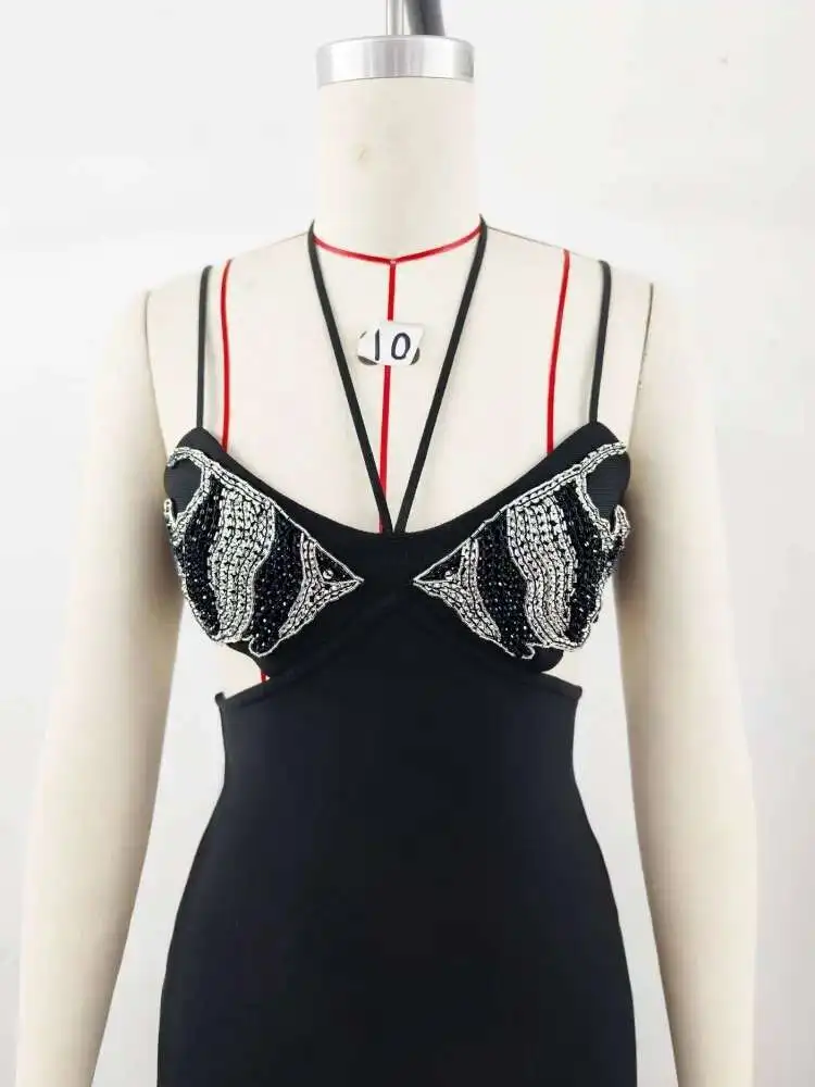 LEOSOXS 2025 女性セレブセクシーなノースリーブキラキラダイヤモンドカットアウトマキシロングブラックドレスエレガントなイブニングクラブパーティー衣装